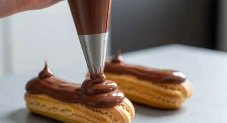 Pastry chef piping glossy chocolate cream onto freshly baked eclairs in a modern kitchen for gourmet dessert preparation.の素材