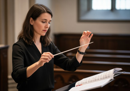 Female orchestra conductor leading rehearsal in formal setting, focused on musical score and expressive conducting movements.の素材