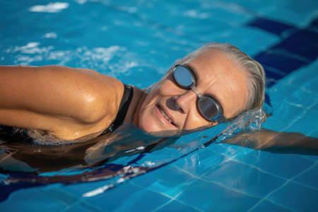 Active senior woman swimming laps in an outdoor pool, enjoying fitness and healthy lifestyle in bright sunlight.の素材