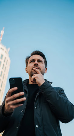 Pensive young man outdoors using smartphone, contemplating decisions against clear sky and modern architecture background.の素材