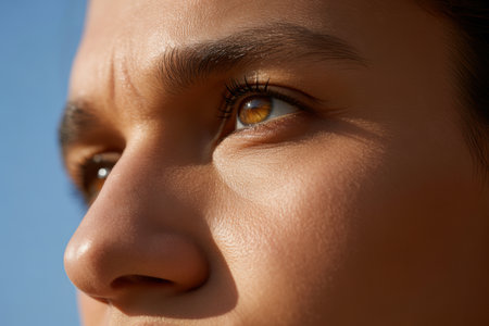 Close up of intense female face with deep brown eyes in natural sunlight, focusing on sharp detail and authentic human emotion.の素材