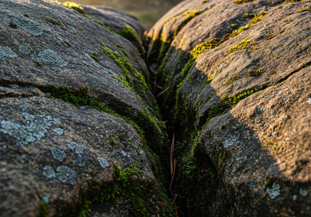 Close up view of weathered rocks with deep crevice, covered in green moss and lichen in natural sunlight.の素材