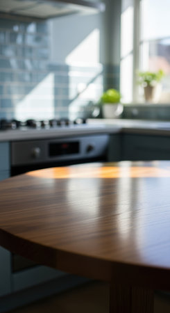 Round wooden kitchen table in sunlight with blurred modern kitchen background and green potted plants on windowsill.の素材
