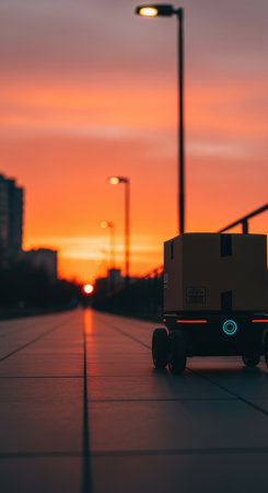 autonomous delivery robot transporting parcel along urban pathway during vibrant sunset, showcasing modern logistics technology.の素材