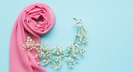 Elegant pink fabric with delicate white gypsophila flowers arranged on a pastel blue background in a soft, minimalist composition.の素材