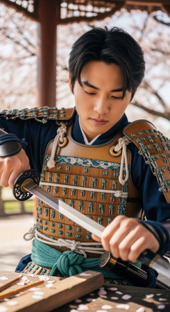 Samurai in traditional armor carefully sharpening katana blade outdoors under blooming cherry blossoms during spring season.の素材