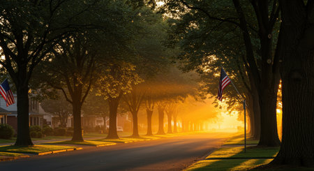 Golden sunlight streaming through a tree lined suburban street at sunrise with american flags and peaceful morning atmosphere.の素材