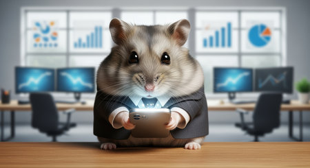 Adorable hamster wearing a business suit uses smartphone in modern office setting with digital financial charts in background.の素材