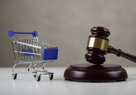 Small shopping cart beside judge's gavel symbolizing online consumer protection, retail regulations, and e commerce legal issues.の素材