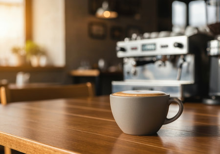 Warm cappuccino in a ceramic mug on wooden table in cozy coffee shop interior with blurred espresso machine in background.の素材
