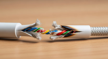 Damaged network cable with exposed colored wires and burn marks indicating electrical failure on wooden surface.の素材