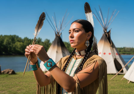 Young native american woman in traditional attire holding a feather with tipis and river in the background on a sunny day.の素材