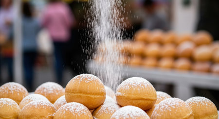Freshly baked round pastries being dusted with powdered sugar at an outdoor market on a sunny day.の素材