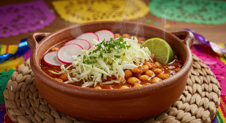 Traditional mexican pozole rojo soup served in a rustic clay bowl, garnished with shredded cabbage, radish, and lime.の素材