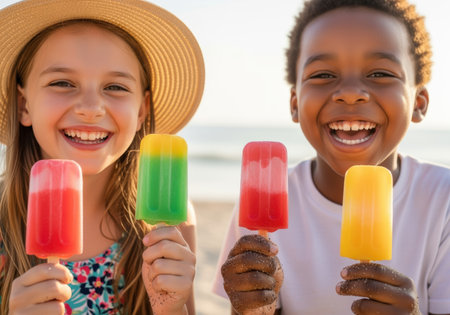 Smiling children on a sunny beach holding colorful popsicles, enjoying summer treats and joyful moments by the sea.の素材