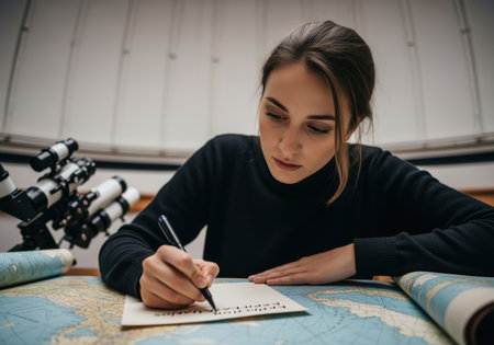 Young woman writing notes while studying world map beside telescope in a classroom setting focused on learning and exploration.の素材