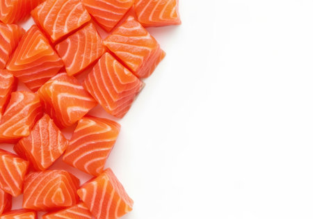 Fresh salmon fillet cubes neatly arranged on white background showcasing vibrant marbling and premium seafood quality.の素材