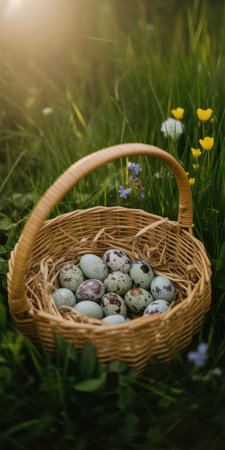 Wicker basket filled with assorted speckled eggs resting in fresh spring grass among wildflowers under soft morning sunlight.の素材