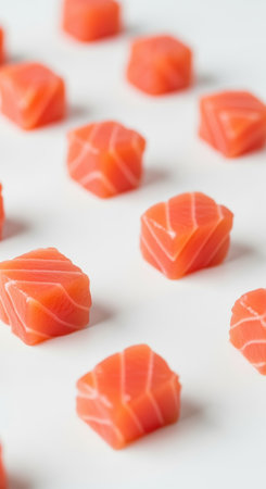 fresh diced raw salmon cubes arranged in a geometric pattern on a white surface, highlighting texture and vibrant color.の素材
