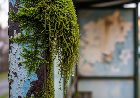 Vibrant green moss growing on a rusted metal pole with peeling paint in an abandoned outdoor setting during daylight.の素材