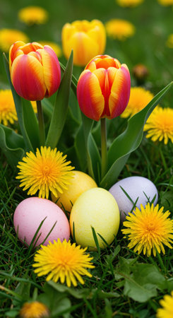 Colorful tulips and dandelions blooming in green grass with pastel easter eggs arranged outdoors during springtime celebration.の素材