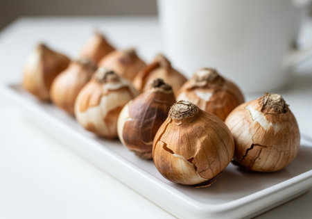Several brown flower bulbs arranged in a row on a white rectangular tray, ready for indoor planting in natural light.の素材
