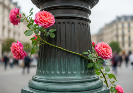 Vibrant pink roses winding around a classic green urban lamppost in a lively city square during a calm daytime scene.の素材