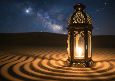 Ornate lantern glowing on rippled desert sand under a night sky filled with stars and the milky way in the background.の素材