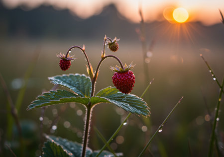 Wild strawberry plant with ripe berries in morning dew on a grassy field during sunrise, glistening droplets and warm sunlight.の素材