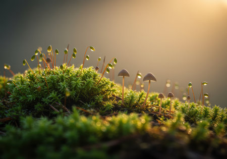 Sunrise illuminates delicate mushrooms and dew covered moss in a serene forest, highlighting lush greenery and early morning tranquility.の素材