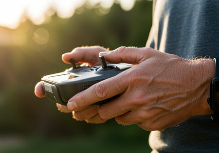 Close up of hands operating a modern drone remote control outdoors with natural sunlight and blurred green background.の素材