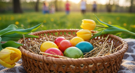colorful easter eggs in a wicker basket with tulips on grass during springtime outdoor celebration with blurred children in background.の素材