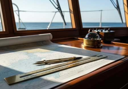 nautical navigation chart with brass compass divider and ruler on ship's wooden table overlooking calm ocean under morning sunlight.の素材