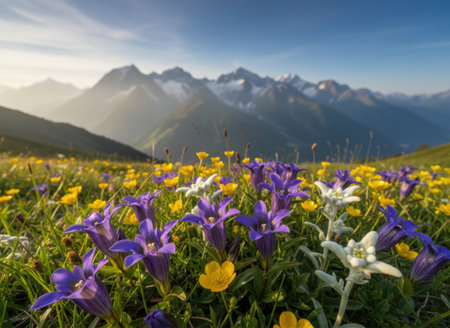 Wild alpine flowers blooming in a sunny mountain meadow with snow capped peaks in the background under a clear blue sky.の素材
