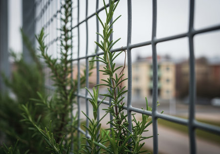 Green rosemary plant climbing metal wire fence with blurred urban background and overcast sky, closeup focus on foliage.の素材