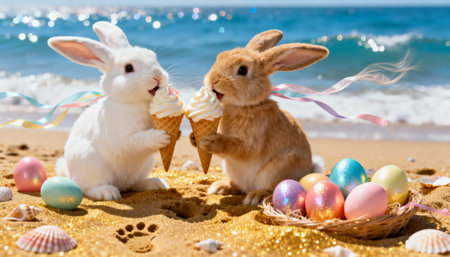 Adorable white and brown rabbits enjoying ice cream cones on a sunny beach surrounded by colorful easter eggs, seashells, and sand.の素材