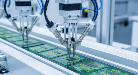 Automated robotic arms assembling electronic circuit boards on a manufacturing line in a modern technology production facility.の素材