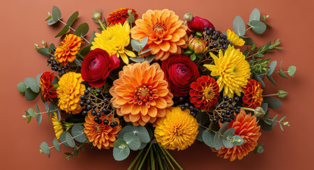 Bright autumn dahlia, marigold, and ranunculus bouquet with eucalyptus on terracotta background, vibrant floral arrangement.の素材