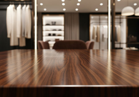Modern luxury wooden table in elegant walk in closet with soft lighting, minimalist clothing storage, and contemporary interior decor.の素材