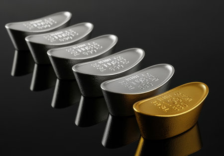 Shiny gold and silver ingots arranged in a diagonal row on a reflective black surface highlighting wealth and investment concepts.の素材