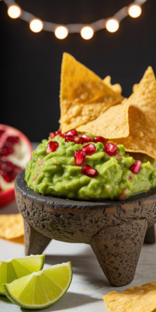 Traditional guacamole dip topped with pomegranate seeds served with tortilla chips in a rustic bowl and fresh lime wedges.の素材