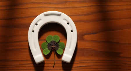 White horseshoe and fresh four leaf clover arranged on polished wood, symbolizing luck and positive fortune in a calm setting.の素材