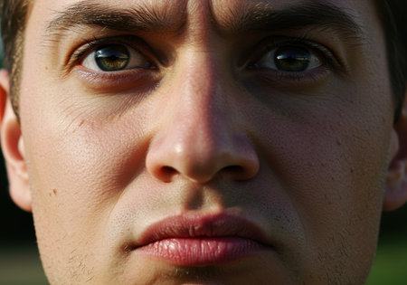 Serious young adult man gazing intensely outdoors in natural sunlight showcasing facial details, emotion, and skin texture.の素材