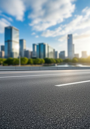 Empty asphalt road stretching through modern city with tall glass skyscrapers, blue sky, sunlight and urban greenery in morning.の素材