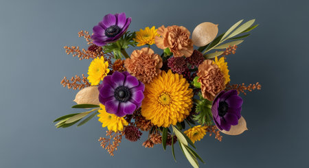 Colorful autumn floral arrangement featuring yellow, orange, and purple blooms with greenery on a neutral background.の素材