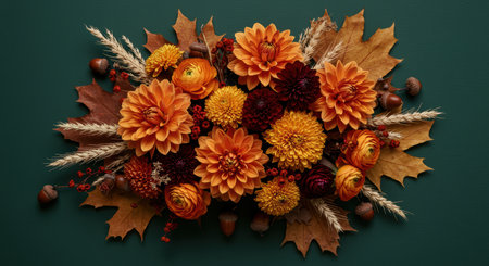 Vibrant autumn flowers and foliage arrangement with orange dahlias, ranunculus, and dried leaves on a dark green background.の素材