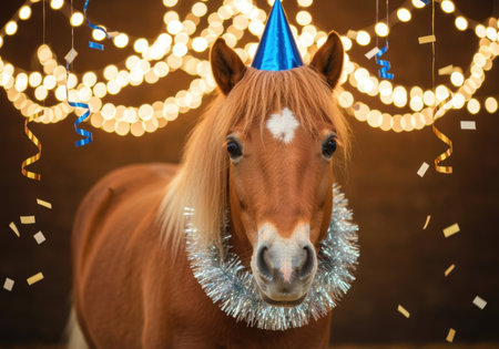 Adorable brown pony celebrating festive occasion with party hat and tinsel garland against warm glowing lights and decorations.の素材