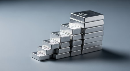Stacked silver bars arranged in a rising staircase pattern symbolizing financial growth, investment potential, and wealth accumulation.の素材