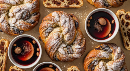 Twisted almond pastries with powdered sugar served alongside mulled wine and dried fruit bread on a rustic tabletop.の素材