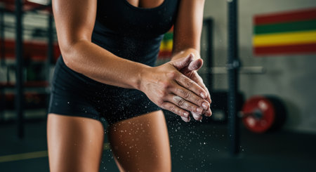 Athletic woman preparing for weightlifting by chalking hands inside a modern gym with gym equipment and vibrant wall stripes.の素材